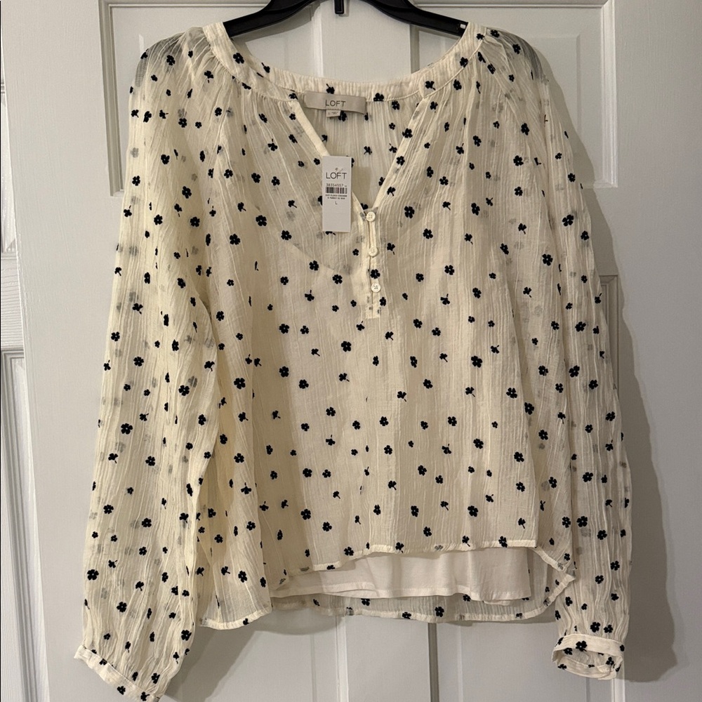 LOFT Ivory Blouse with Navy Floral Design